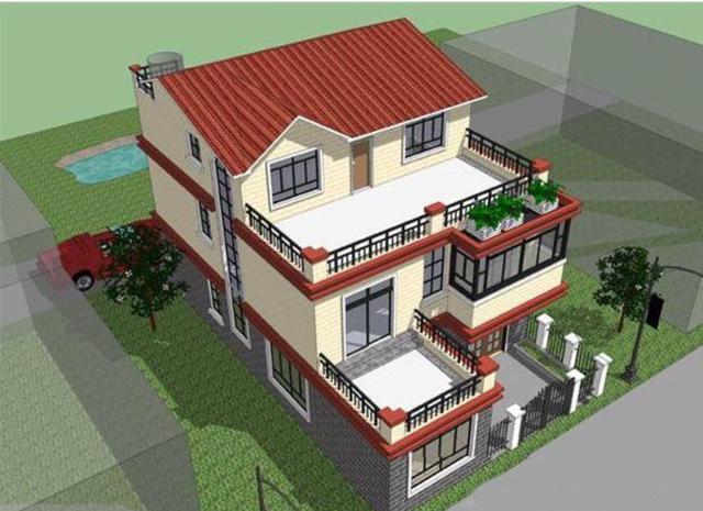 二層半結構的農村小別墅設計圖，帶小院，非常大方。