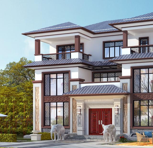 大面寬的三層中式別墅設(shè)計(jì)圖，占地方正，左右對稱，帶地下室。