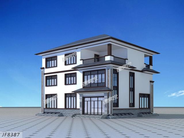 大面寬的三層中式別墅設(shè)計(jì)圖，占地方正，左右對稱，帶地下室。