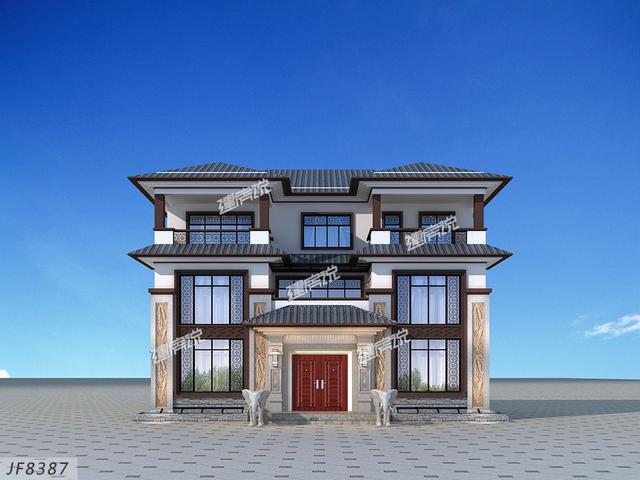 大面寬的三層中式別墅設(shè)計(jì)圖，占地方正，左右對稱，帶地下室。