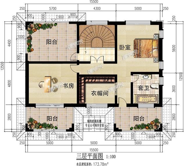 大面寬的三層中式別墅設(shè)計(jì)圖，占地方正，左右對稱，帶地下室。