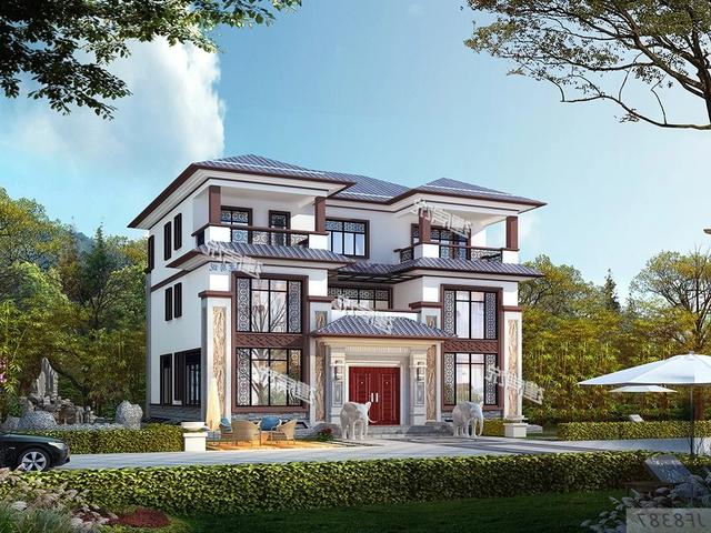 大面寬的三層中式別墅設(shè)計(jì)圖，占地方正，左右對稱，帶地下室。