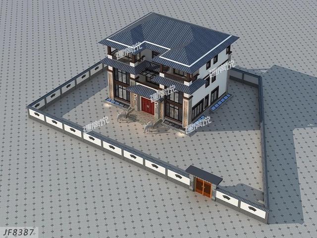 大面寬的三層中式別墅設(shè)計(jì)圖，占地方正，左右對稱，帶地下室。