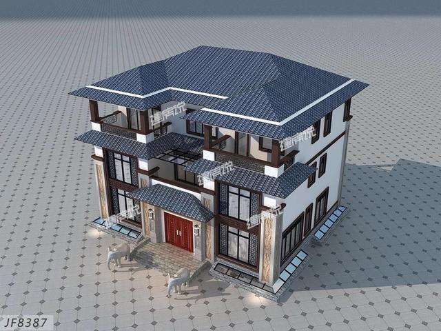 大面寬的三層中式別墅設(shè)計(jì)圖，占地方正，左右對稱，帶地下室。