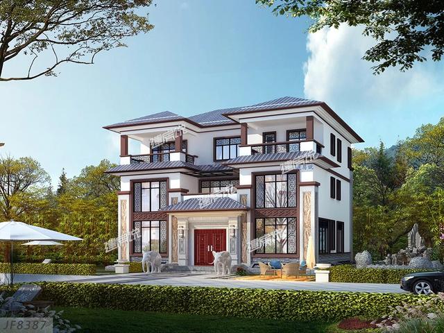 大面寬的三層中式別墅設(shè)計(jì)圖，占地方正，左右對稱，帶地下室。