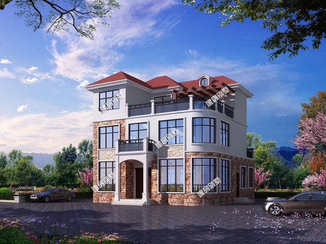 11.76mx9.76m三層別墅設(shè)計圖，帶客廳挑空+旋轉(zhuǎn)樓梯+獨立廚房設(shè)計，是一款不錯的鄉(xiāng)村三層房型。