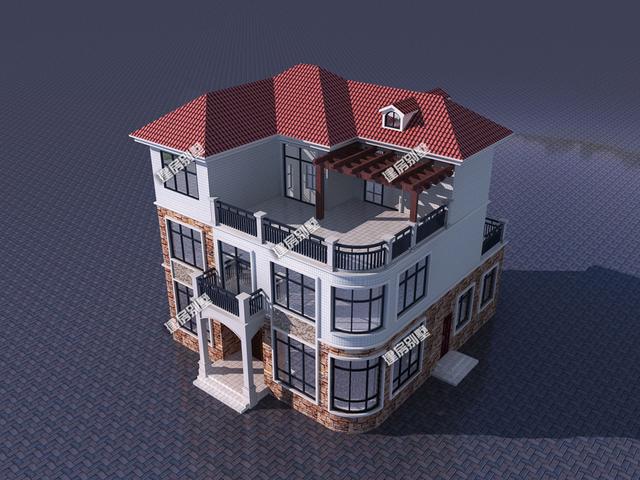 11.76mx9.76m三層別墅設(shè)計圖，帶客廳挑空+旋轉(zhuǎn)樓梯+獨立廚房設(shè)計，是一款不錯的鄉(xiāng)村三層房型。