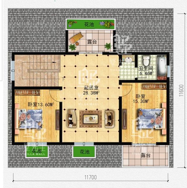 占地134平的田園風一層別墅設計圖，帶閣樓，造價23萬以內(nèi)。