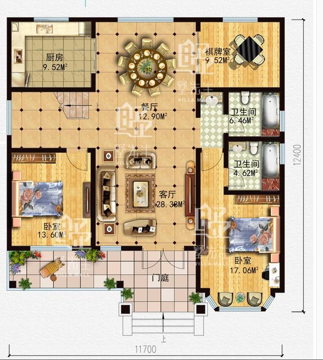 占地134平的田園風一層別墅設計圖，帶閣樓，造價23萬以內(nèi)。