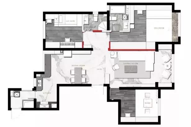 138平三居室用黑白灰風(fēng)格裝修，簡潔大方，好帥氣。
