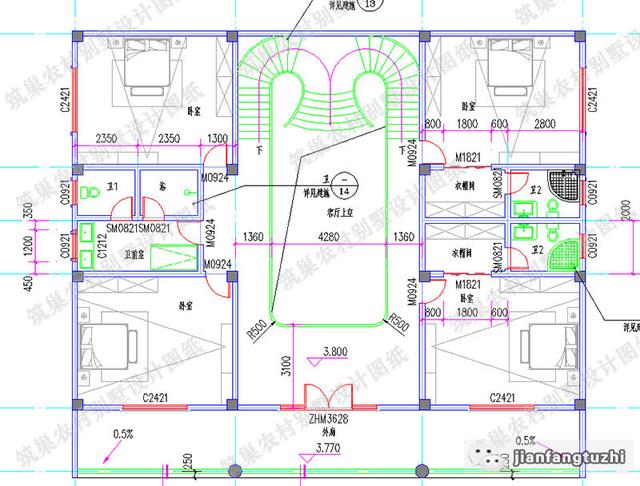 19×16米中式二層四合院別墅設計圖，挑空大客廳+旋轉樓梯，功能齊全，造價65萬。