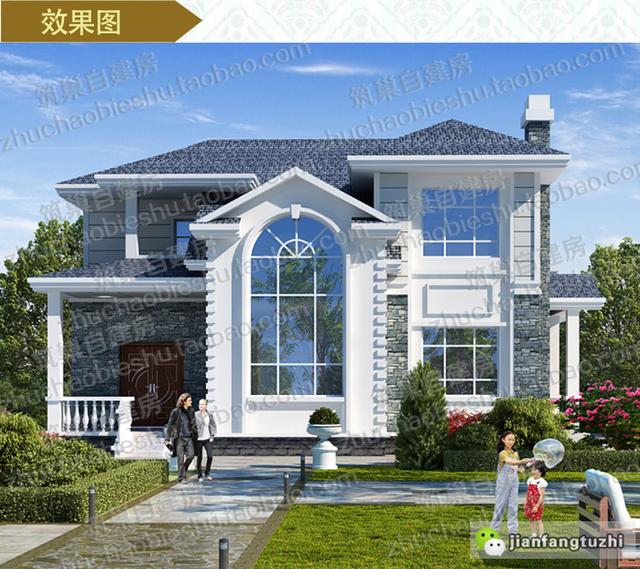 帶落地窗復式二層別墅施工圖，15×11米，清新自然，設計很有立體感