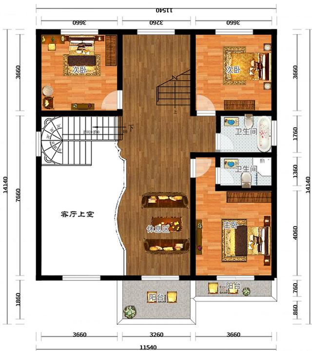 三層豪華復(fù)式別墅設(shè)計(jì)圖，挑空客廳+旋轉(zhuǎn)樓梯