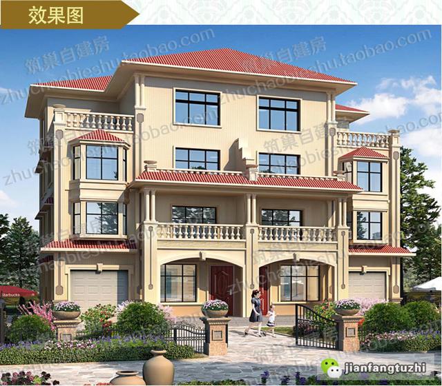 四層實用商住兩用臨街商鋪雙拼別墅施工效果圖，適合農村兩兄弟建造