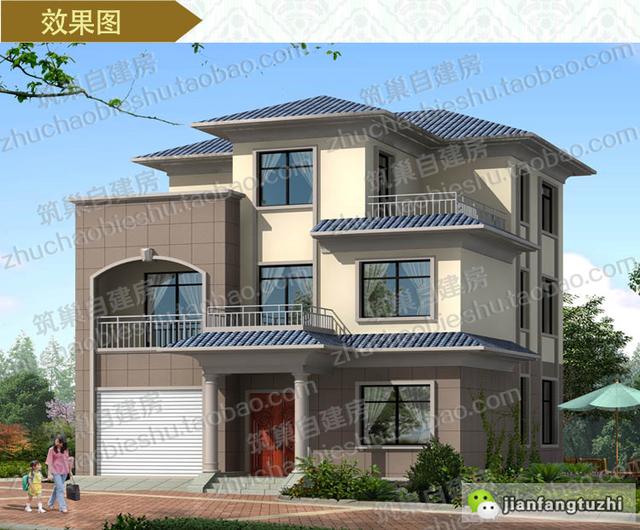 帶車庫(kù)三層自建房設(shè)計(jì)施工圖，戶型簡(jiǎn)約大氣，施工難度不高，適合大部分農(nóng)村建房