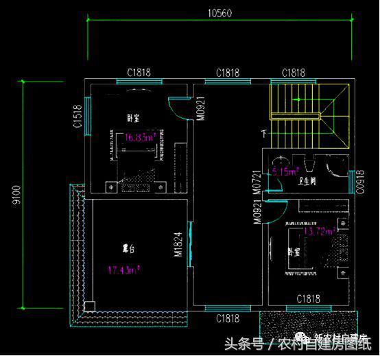 10.56米x10.3米農(nóng)村三層別墅設(shè)計圖，經(jīng)濟適用，布局簡單合理，造價26萬。