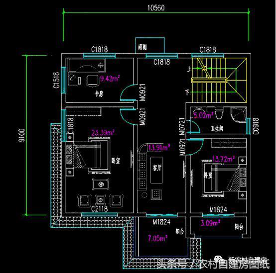 10.56米x10.3米農(nóng)村三層別墅設(shè)計圖，經(jīng)濟適用，布局簡單合理，造價26萬。