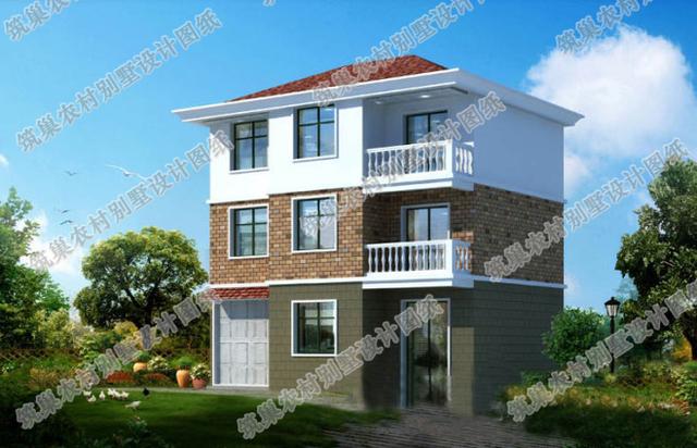 占地100平米的三層別墅設(shè)計圖，帶車庫，簡單實用，造價25萬，特別適合農(nóng)村建設(shè)。