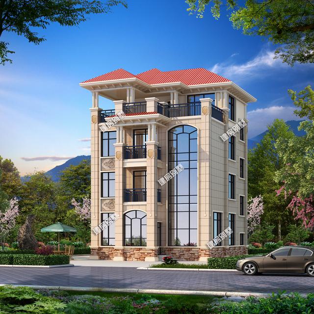 四層別墅設計圖，大型落地窗搭配超大露臺涼亭！外觀看上去相當豪氣！