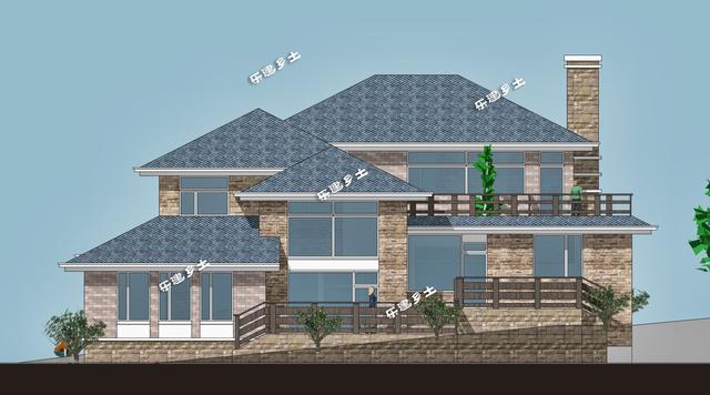 美式別墅設(shè)計圖，造型舒展，層次豐富。