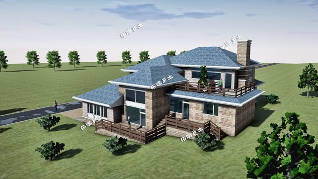 美式別墅設(shè)計圖，造型舒展，層次豐富。