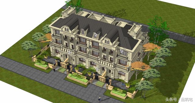 四聯(lián)排法式別墅設計圖，花園+庭院，整體造型大氣恢弘