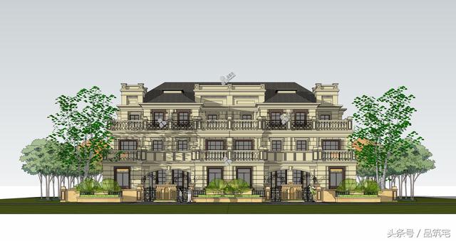 四聯(lián)排法式別墅設計圖，花園+庭院，整體造型大氣恢弘