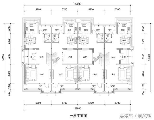 四聯(lián)排法式別墅設計圖，花園+庭院，整體造型大氣恢弘