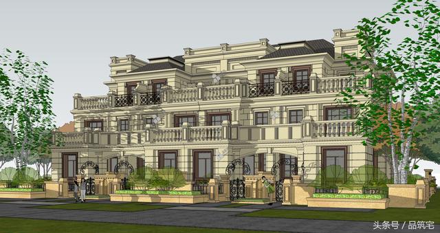 四聯(lián)排法式別墅設計圖，花園+庭院，整體造型大氣恢弘