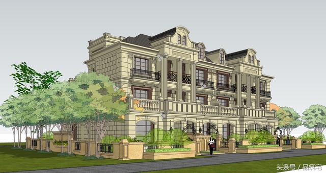 四聯(lián)排法式別墅設計圖，花園+庭院，整體造型大氣恢弘