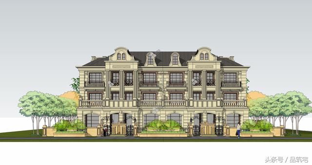 四聯(lián)排法式別墅設計圖，花園+庭院，整體造型大氣恢弘