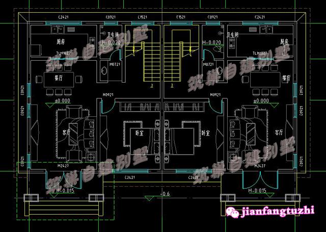 二層雙拼別墅設計高清效果圖全套施工圖紙，四間臥室，帶露臺和陽臺