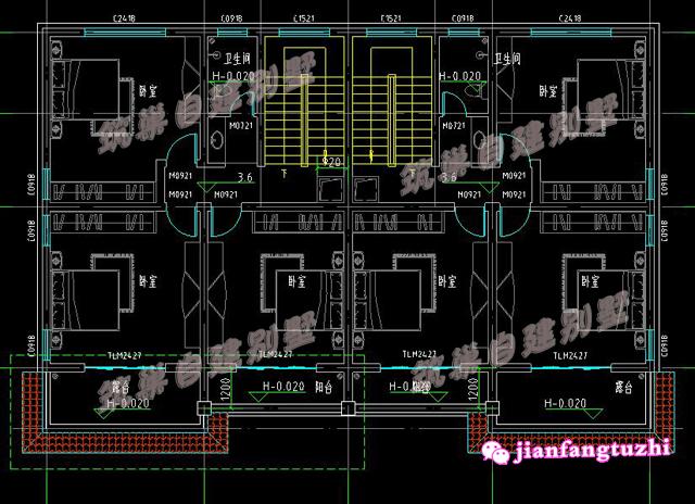 二層雙拼別墅設計高清效果圖全套施工圖紙，四間臥室，帶露臺和陽臺
