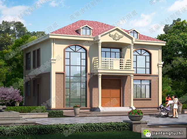 復(fù)式二層帶落地窗別致優(yōu)雅農(nóng)村別墅設(shè)計施工圖，25萬左右，12×11米，3廳5臥