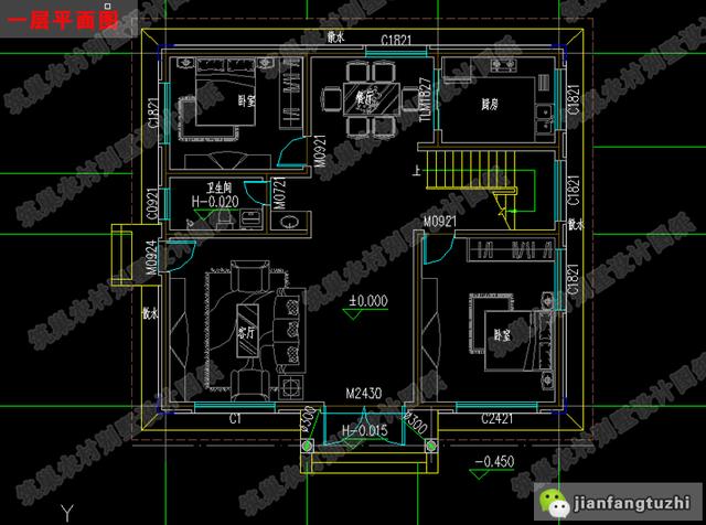 復(fù)式二層帶落地窗別致優(yōu)雅農(nóng)村別墅設(shè)計施工圖，25萬左右，12×11米，3廳5臥
