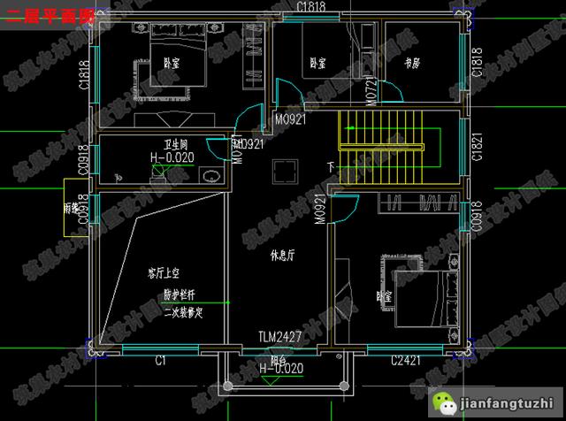 復(fù)式二層帶落地窗別致優(yōu)雅農(nóng)村別墅設(shè)計施工圖，25萬左右，12×11米，3廳5臥