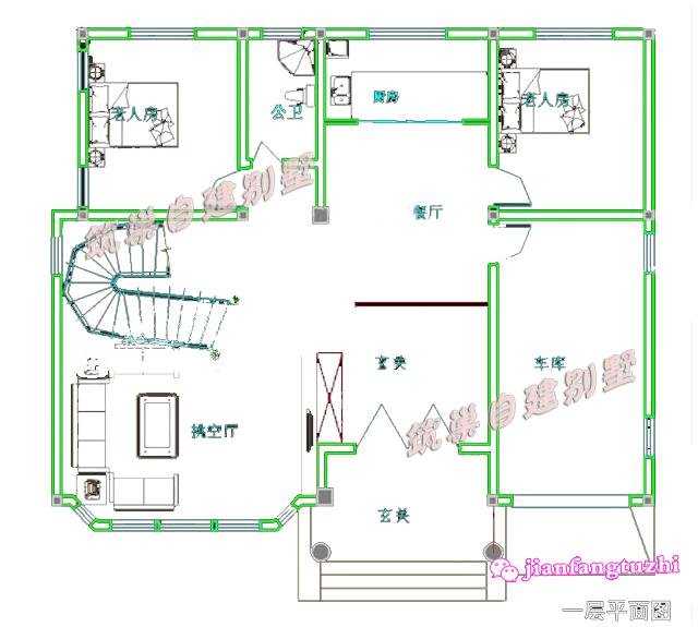 三層復式別墅設計圖，150平2廳7臥磚混結構，帶半旋轉樓梯+車庫+露臺