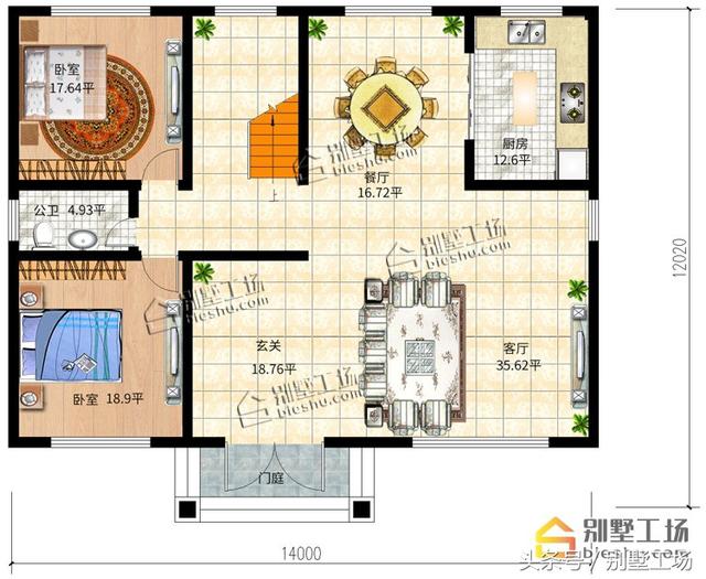 二層簡(jiǎn)歐農(nóng)村別墅設(shè)計(jì)圖，挑高復(fù)式客廳，配色簡(jiǎn)單，整體方正大方