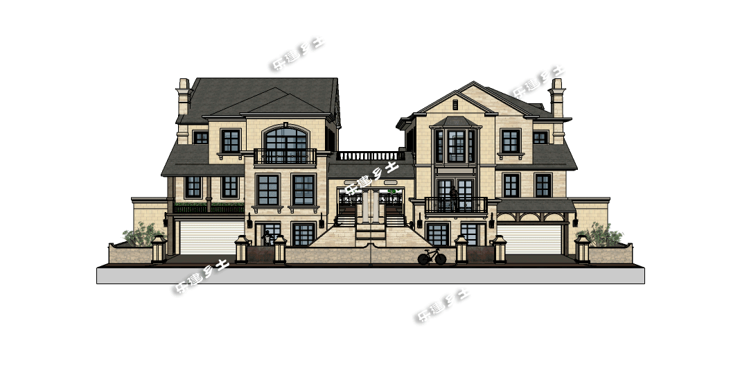 豪華法式雙拼別墅設(shè)計圖，帶車庫，適合家境殷實或者家庭成員較多的家庭參考建造