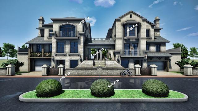 豪華法式雙拼別墅設(shè)計圖，帶車庫，適合家境殷實或者家庭成員較多的家庭參考建造