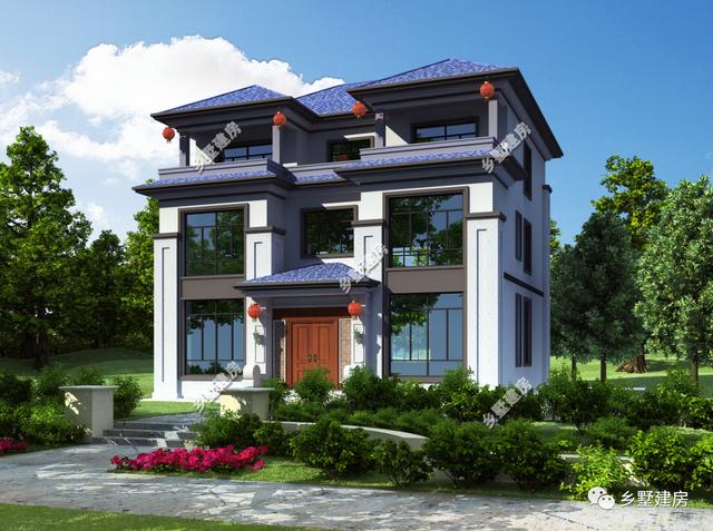 占地166平的三層新中式農(nóng)村別墅設計圖，堂屋涼亭，造價55萬左右