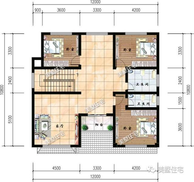 12米X10米小巧雙層磚混簡歐小別墅設(shè)計圖，5臥3衛(wèi)，別致大方，實用！