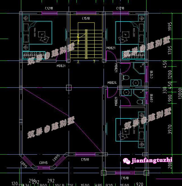 實用四層農(nóng)村別墅設計圖，10x13米2廳9臥，空間利用高。