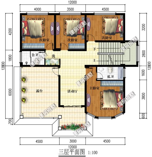 12x12三層別墅設(shè)計(jì)圖，鄉(xiāng)村景致與現(xiàn)代別墅融合的經(jīng)典畫(huà)卷。