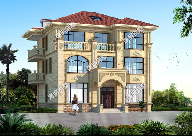 三層別墅設(shè)計圖，內(nèi)設(shè)健身房、開放式廚房，還有飄窗、旋轉(zhuǎn)樓梯。