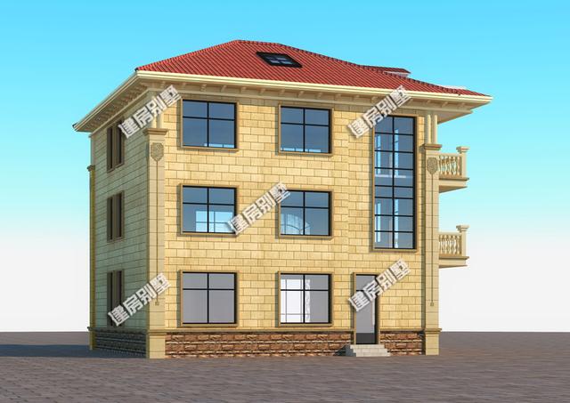 三層別墅設(shè)計圖，內(nèi)設(shè)健身房、開放式廚房，還有飄窗、旋轉(zhuǎn)樓梯。