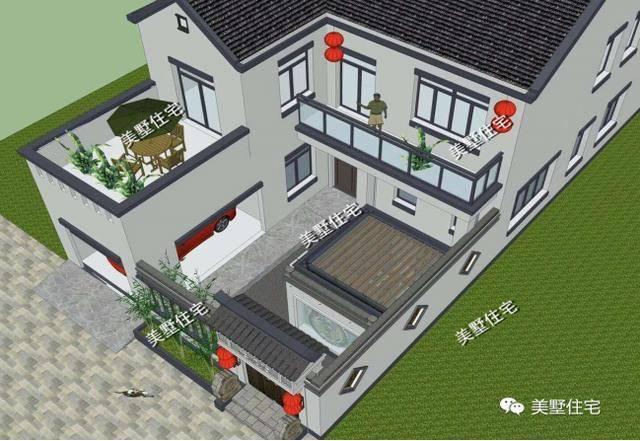 小宅基地中式合院設(shè)計圖，10x21小別墅，4室1廳帶車庫。