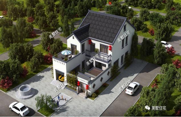 小宅基地中式合院設(shè)計圖，10x21小別墅，4室1廳帶車庫。