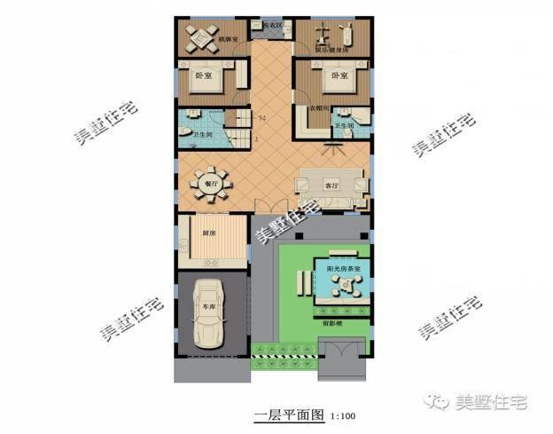 小宅基地中式合院設(shè)計圖，10x21小別墅，4室1廳帶車庫。