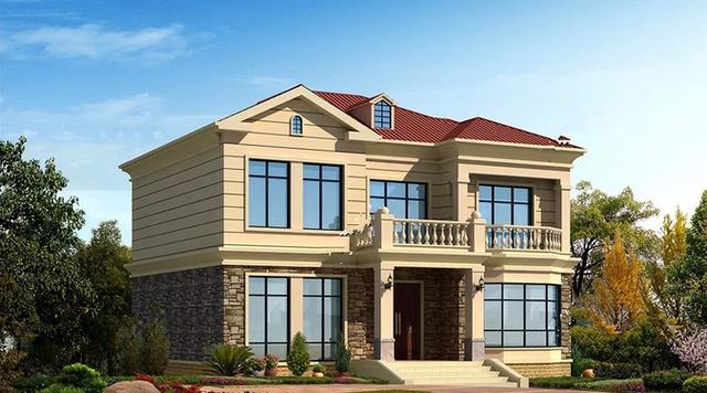 美式簡(jiǎn)約風(fēng)二層農(nóng)村別墅設(shè)計(jì)圖，12X10.8米，落地采光窗+坡屋頂